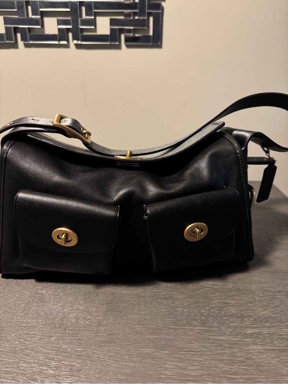Coach Haversack Black Leather Shoulder Bag with Double Front Pockets